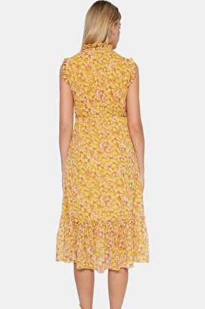 Yazlık Midi Elbise  Polyester Şifon Çiçek Desen A Kesim Premium Kalite Rahat Ve Şık