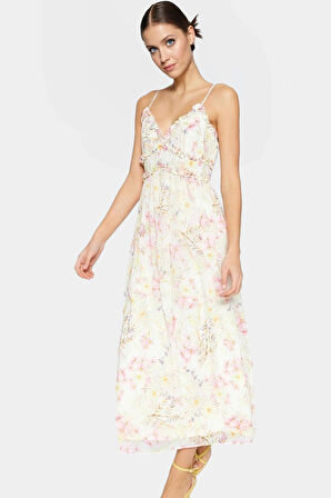 Astarlı Şifon Maxi Elbise Feminen V Yaka Çiçekli Desen Rahat Kalıp Konforlu Kesim Trend Tasarım