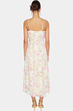 Astarlı Şifon Maxi Elbise Feminen V Yaka Çiçekli Desen Rahat Kalıp Konforlu Kesim Trend Tasarım