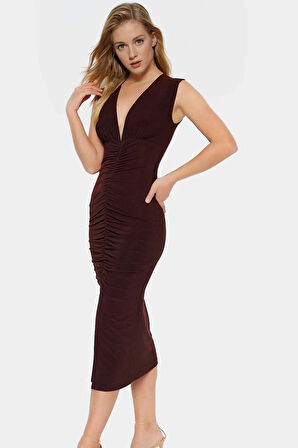 Midi Boy V Yaka Büzgü Detaylı Elbise Esnek Örme Kumaş Bodycon Kalıp 120 cm Uzunluk Premium Kalite