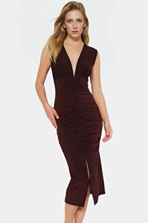 Midi Boy V Yaka Büzgü Detaylı Elbise Esnek Örme Kumaş Bodycon Kalıp 120 cm Uzunluk Premium Kalite
