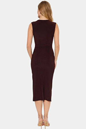 Midi Boy V Yaka Büzgü Detaylı Elbise Esnek Örme Kumaş Bodycon Kalıp 120 cm Uzunluk Premium Kalite