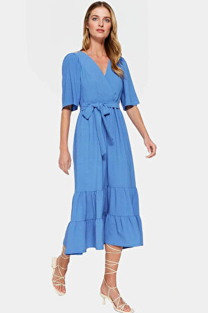 Yazlık Kısa Kollu Midi Elbise  Polyester Aerobin Dokuma Günlük Kullanım İçin Şık Görünüm