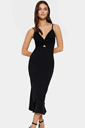 Cut Out Detaylı V Yaka Örme Krep Elbise Yazlık Midi Boy Rahat Ve Şık Profesyonel Görünüm