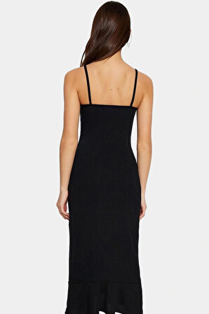 Cut Out Detaylı V Yaka Örme Krep Elbise Yazlık Midi Boy Rahat Ve Şık Profesyonel Görünüm