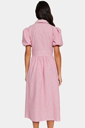 Yazlık Midi Elbise %Pamuk Dokuma Kısa Balon Kollu Çizgili Skater Gömlek Yaka Rahat Ve Şık