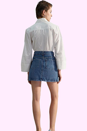 Kadın Pamuklu Denim A Line Mini Etek Yırtmaçlı Detaylı Rahat Günlük Yaz Aylarının Vazgeçilmezi