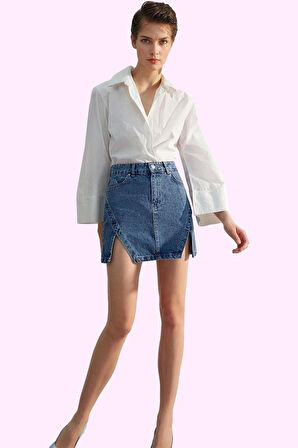 Kadın Pamuklu Denim A Line Mini Etek Yırtmaçlı Detaylı Rahat Günlük Yaz Aylarının Vazgeçilmezi