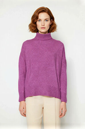 Kadın Günlük Oversize Düşük Kol Dik Yaka Uzun Triko Kazak Kışlık Şık Basic Rahatlık Sunar Kaliteli