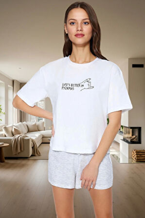 Pamuklu Şortlu Pijama Takımı Çizgili Desen Rahat Kalıp Yazlık Kullanım
