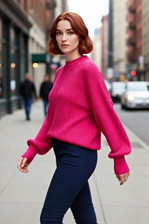 Kadın Salaş Oversize Balon Kol Bisiklet Yaka Selanik Dokuma Uzun Kollu Triko Kazak 100% Akrilik