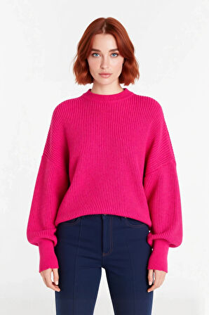 Kadın Salaş Oversize Balon Kol Bisiklet Yaka Selanik Dokuma Uzun Kollu Triko Kazak 100% Akrilik