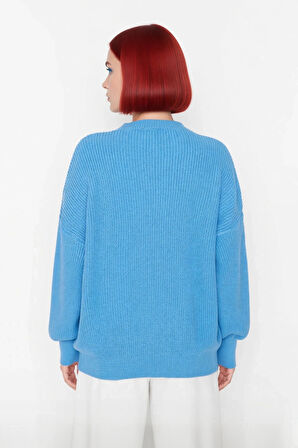 Kadın Salaş Oversize Balon Kol Bisiklet Yaka Selanik Dokuma Uzun Kollu Triko Kazak 100% Akrilik