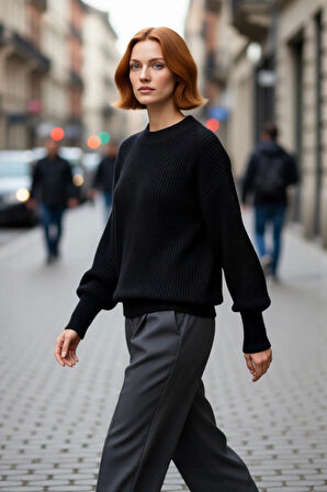 Kadın Salaş Oversize Balon Kol Bisiklet Yaka Selanik Dokuma Uzun Kollu Triko Kazak 100% Akrilik