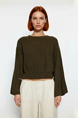 Kadın Gri Oversize Selanik Dokuma Bisiklet Yaka İspanyol Kol Crop Akrilik Triko Kazak Kaliteli