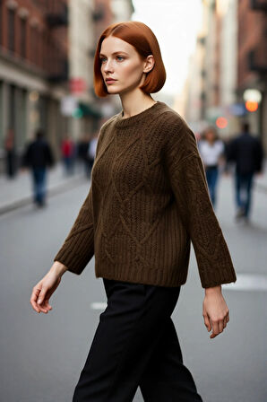 Kadın Günlük Oversize Kesim Saç Örgüsü Desenli Triko Kazak Kış Sonbahar İçin Bisiklet Yaka