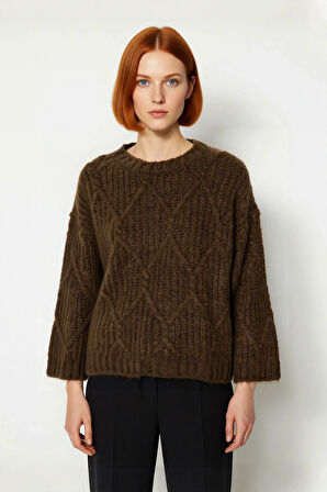 Kadın Günlük Oversize Kesim Saç Örgüsü Desenli Triko Kazak Kış Sonbahar İçin Bisiklet Yaka