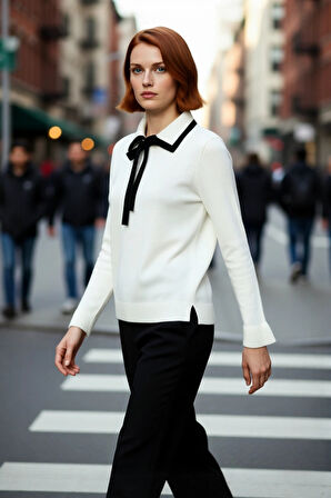 Kadın Akrilik Triko Kazak Polo Yaka Detaylı Renk Bloklu Uzun Kollu Kış Sezonu İçin Şık ve Rahat