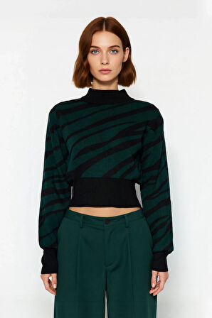 Kadın Basic Regular Kalıp Zebra Desenli Dik Yaka Crop Triko Kazak Günlük Giyimde İddialı Kaliteli