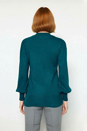 Kadın Dik Yaka Dokulu Balon Kol Regular Kalıp Akrilik Triko Kazak Günlük Ve Rahat Kış Kombinleri