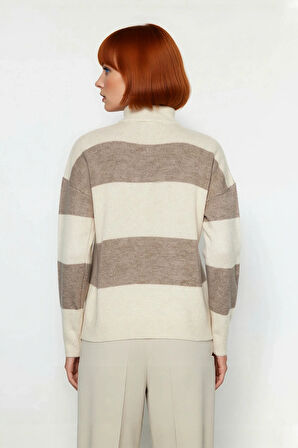 Kadın Dik Yaka Fermuarlı Oversize Çizgili Düşük Kollu Triko Kazak Günlük Şıklık ve Sıcaklık