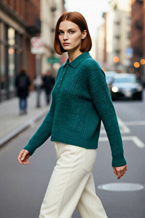 Kadın Kışlık Oversize Polo Yaka Saç Örgü Triko Kazak Düşük Uzun Kollu Basic Rahat Tasarım Kaliteli