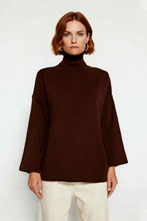 Kadınlar İçin Konforlu Oversize Basic Düşük Kol Balıkçı Yaka Triko Kazak Kış Günleri Şıklığı