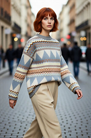 Kadınlara Özel Etnik Desenli Oversize Düşük Kol Bisiklet Yaka Triko Kazak Soğuk Havalara Uyumlu