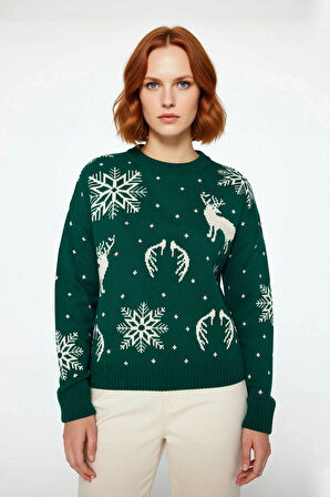 Kadın Günlük Akrilik Rahat Oversize Bisiklet Yaka Yılbaşı Desenli Triko Kışlık Kazak Kaliteli