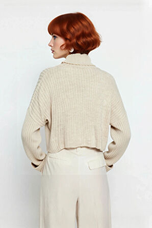 Kadın Oversize Super Crop Balıkçı Yaka Akrilik Triko Kazak Kışlık Günlük Stilinize Yenilik