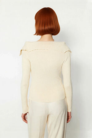 Kadın Modern Fitted Triko Bluz Devrik Carmen Yaka İnce Fitilli Dokuma Uzun Kol Crop Tasarım