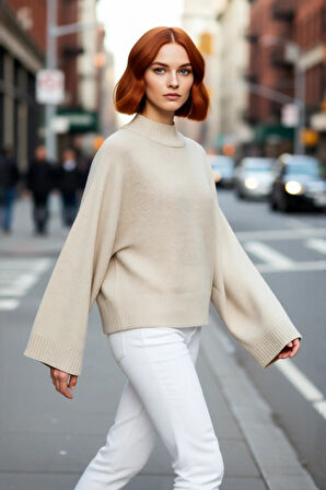 Kadın Basic Siluet Oversize Dik Yaka İspanyol Kol Akrilik Triko Kazak Konforlu Ve Modern Kaliteli