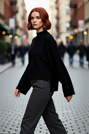 Kadın Basic Siluet Oversize Dik Yaka İspanyol Kol Akrilik Triko Kazak Konforlu Ve Modern Kaliteli