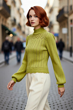 Kadın Dik Yaka Fitted Kesim Ajurlu Triko Kazak Balon Kollu Crop Tasarım Günlük Şıklık Sunar