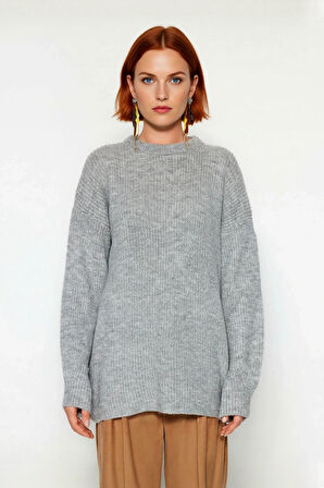 Kadın Rahat Oversize Triko Kazak Düşük Kol Bisiklet Yaka Kışlık Günlük Basic Giyim Stili Kaliteli