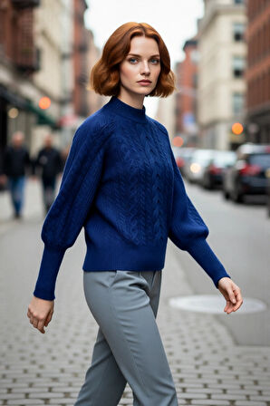 Kadın Regular Fit Yumuşak Dokulu Triko Kazak Balon Kol Dik Yaka Saç Örgü Kış Sezonu Şıklığı