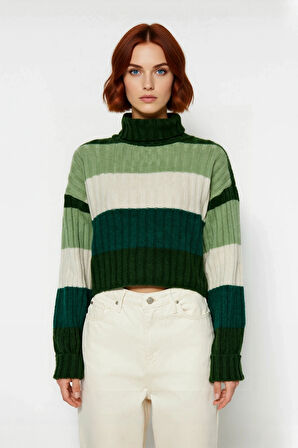 Kadın Balıkçı Yaka Uzun Kollu Renk Bloklu Super Crop Basic Fitilli Triko Kazak Günlük Şıklığınız