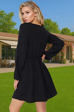 V Yaka Bağlamalı Dokuma Mini Elbise Keten Karışımlı Plaj Modası Rahat Ve Şık Rahat Kullanım