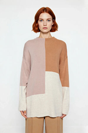 Kadın Casual Ortamlar İçin Dik Yaka Renk Bloklu Standart Kol Triko Kazak Kış Şıklığı Kaliteli