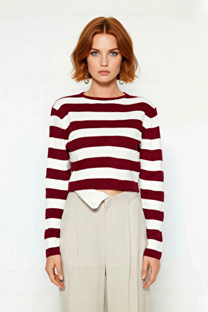 Kadın Uzun Kol Bisiklet Yaka Çizgili Crop Triko Kazak Günlük Şıklık ve Konfor Sunan Model Kaliteli