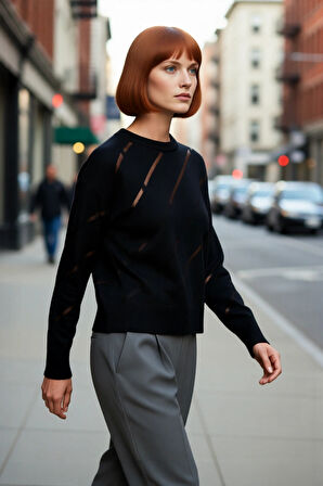 Kadın Bisiklet Yaka Akrilik Triko Kazak Düşük Kollu Ajurlu Desenli İlkbahar Sonbahar Şıklığı