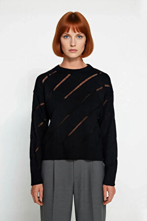 Kadın Bisiklet Yaka Akrilik Triko Kazak Düşük Kollu Ajurlu Desenli İlkbahar Sonbahar Şıklığı