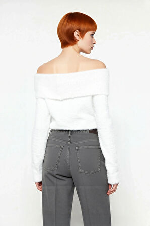 Kadın Basic Siluet Uzun Kollu Carmen Yaka Ekru Regular Kalıp Crop Triko Kazak Kış Gündüz Gece