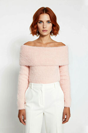 Kadın Basic Siluet Uzun Kollu Carmen Yaka Ekru Regular Kalıp Crop Triko Kazak Kış Gündüz Gece