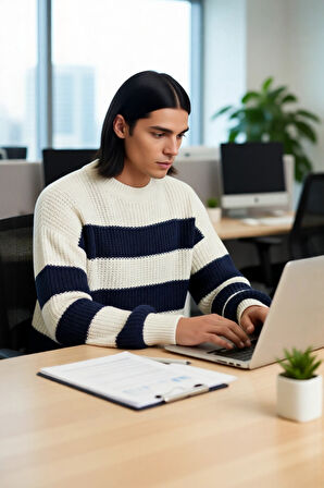 Erkek Günlük Kullanım İçin Şık Çizgili Bisiklet Yaka Akrilik Uzun Kollu Oversize Triko Kazak