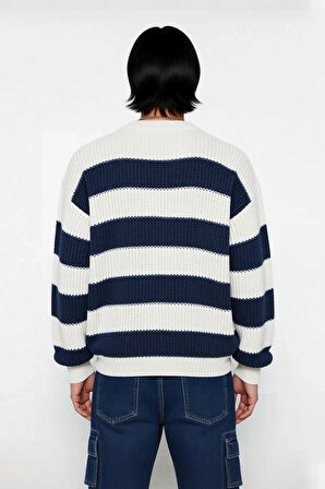 Erkek Günlük Kullanım İçin Şık Çizgili Bisiklet Yaka Akrilik Uzun Kollu Oversize Triko Kazak