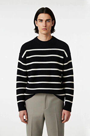 Casual Erkek Kalın Triko Dokulu Bisiklet Yaka Çizgili Oversize Selanik Kışlık Kazak Modeli