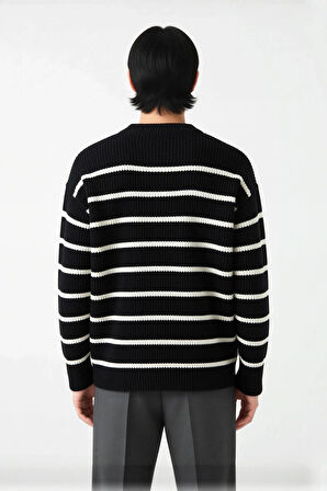 Casual Erkek Kalın Triko Dokulu Bisiklet Yaka Çizgili Oversize Selanik Kışlık Kazak Modeli