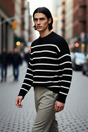 Casual Erkek Kalın Triko Dokulu Bisiklet Yaka Çizgili Oversize Selanik Kışlık Kazak Modeli