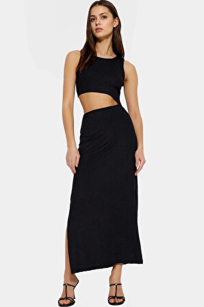 Kadın Maxi Elbise Bodycon Bisiklet Yaka Cut Out Detay Örme Kumaş Seçkin Malzeme